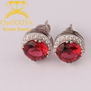 Iced Out 925 Silver Red Gem Stone Earrings